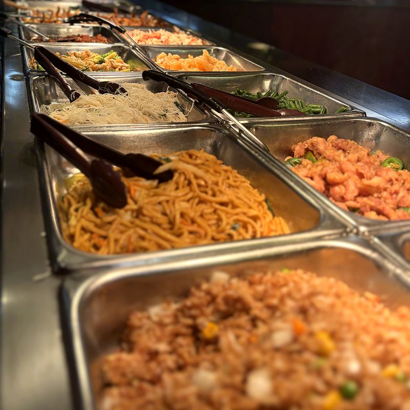 Lo mein, rice noodles, orange chicken and more down our buffet line